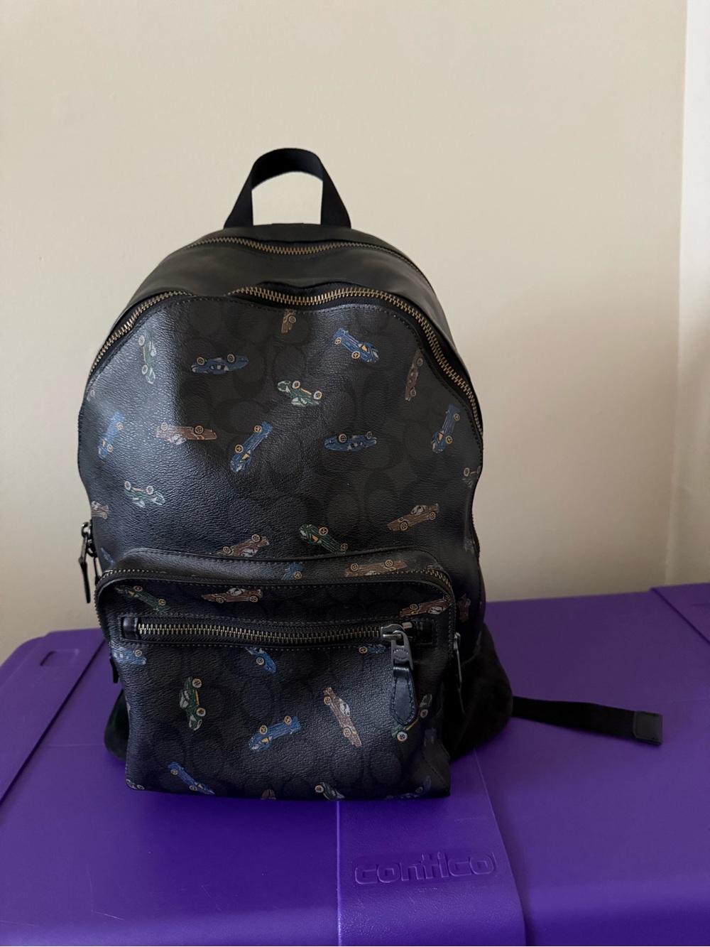 Coach F31268 West Backpack in Signature Canvas with Vintage Race Car Print QB/M2